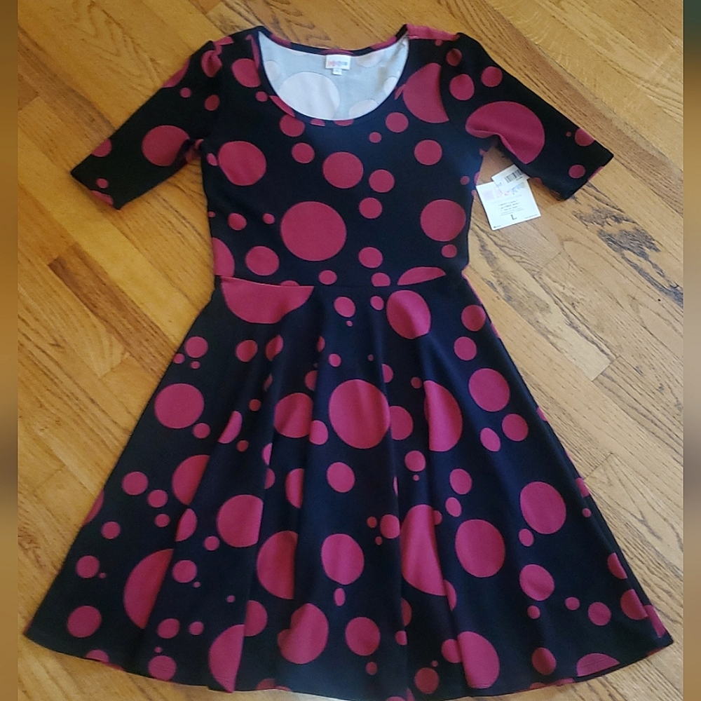 LuLaRoe Vintage Nicole dress black red dots Large NWT